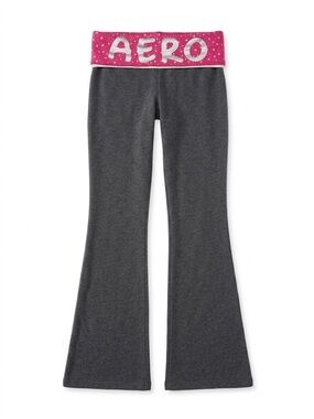 Aero Fold-Over Waist Gray Flared Lounge Pants with Pink Logo Band